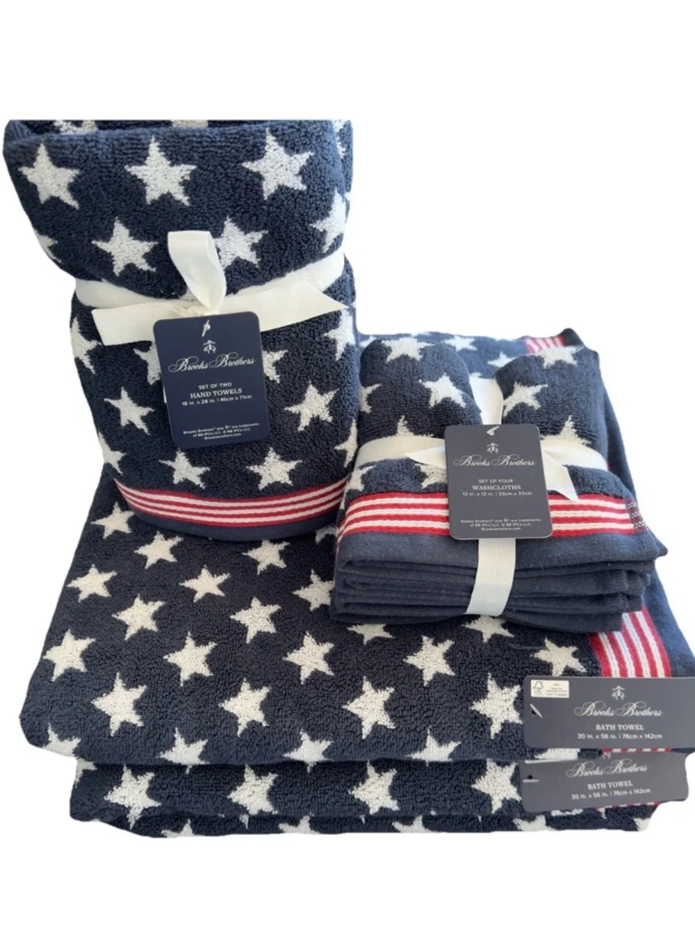 Brooks Brothers Red White Blue Stars Stripes Bath Hand Washcloth Towels 8pc New